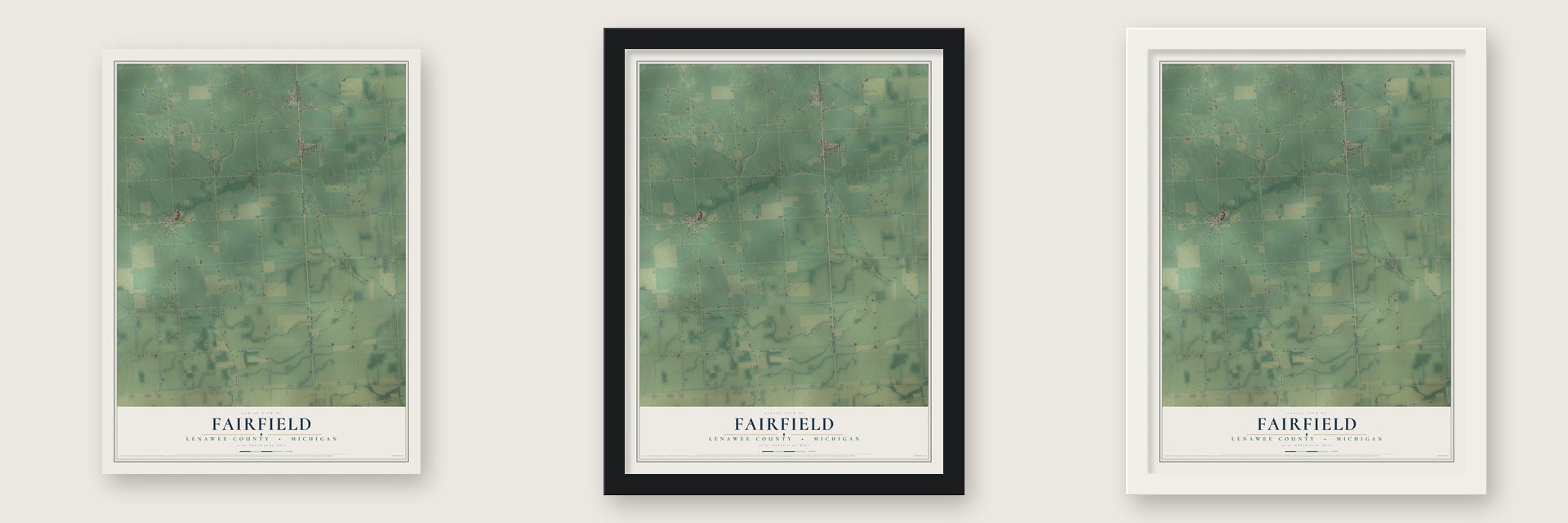 Fairfield, Lenawee County, Michigan map unframed, in a black wood frame and in a white wood frame