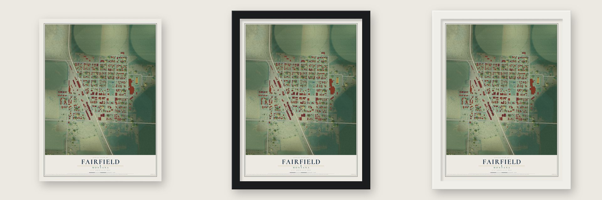 Fairfield, Montana map unframed, in a black wood frame and in a white wood frame
