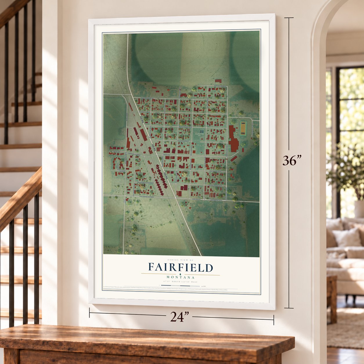 Fairfield, Montana map, 24 x 36 inch print in a white frame by a staircase