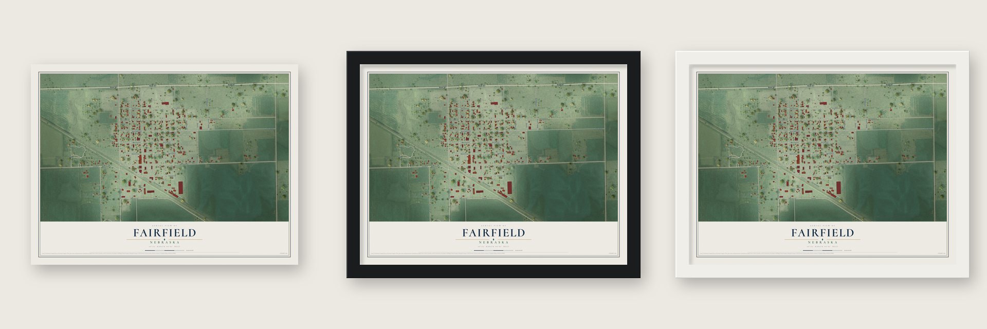 Fairfield, Nebraska map unframed, in a black wood frame and in a white wood frame