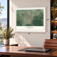Fairfield, Nebraska map, 18 x 24 inch print in a white frame in a home office