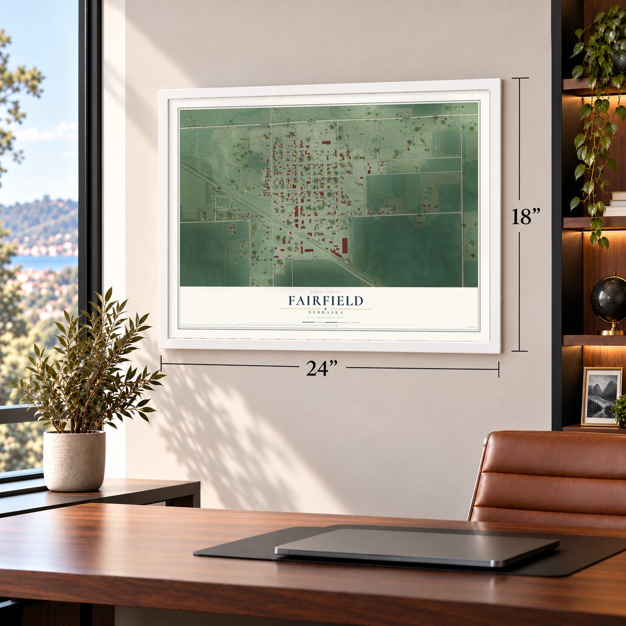 Fairfield, Nebraska map, 18 x 24 inch print in a white frame in a home office