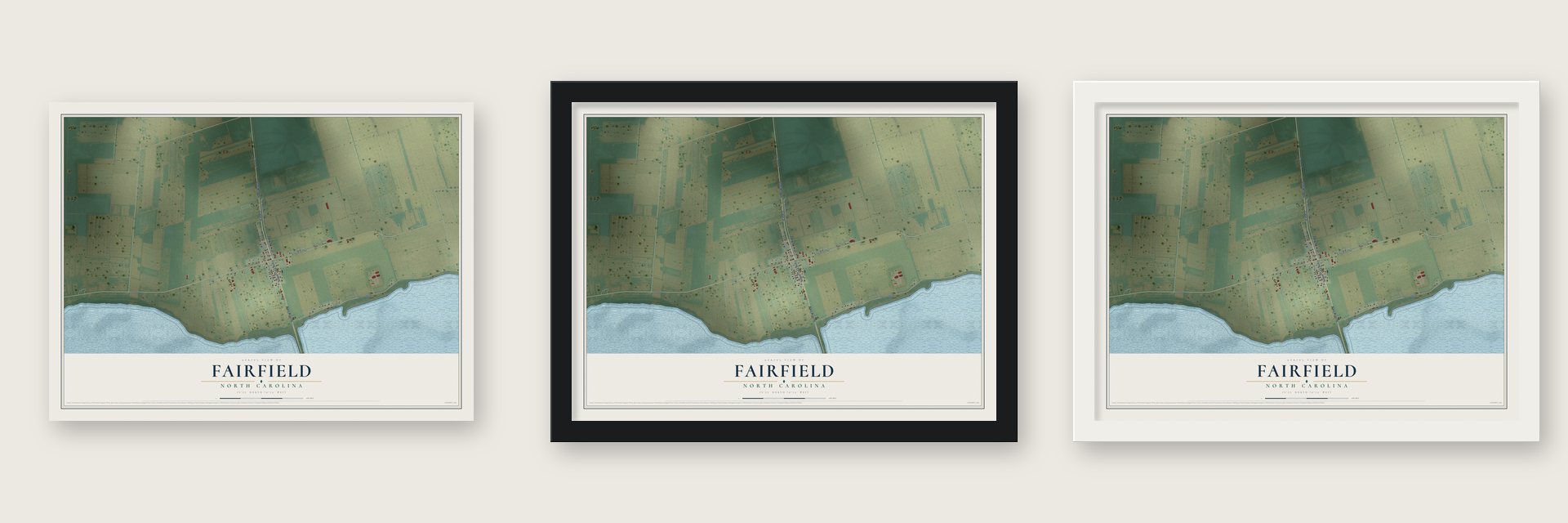Fairfield, North Carolina map unframed, in a black wood frame and in a white wood frame
