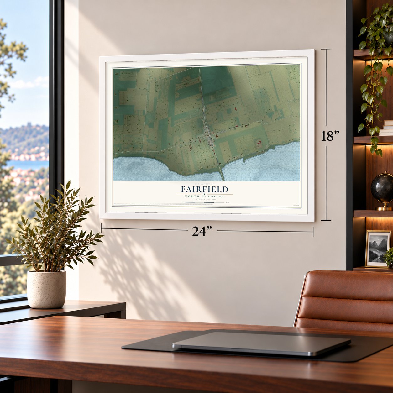 Fairfield, North Carolina map, 18 x 24 inch print in a white frame in a home office