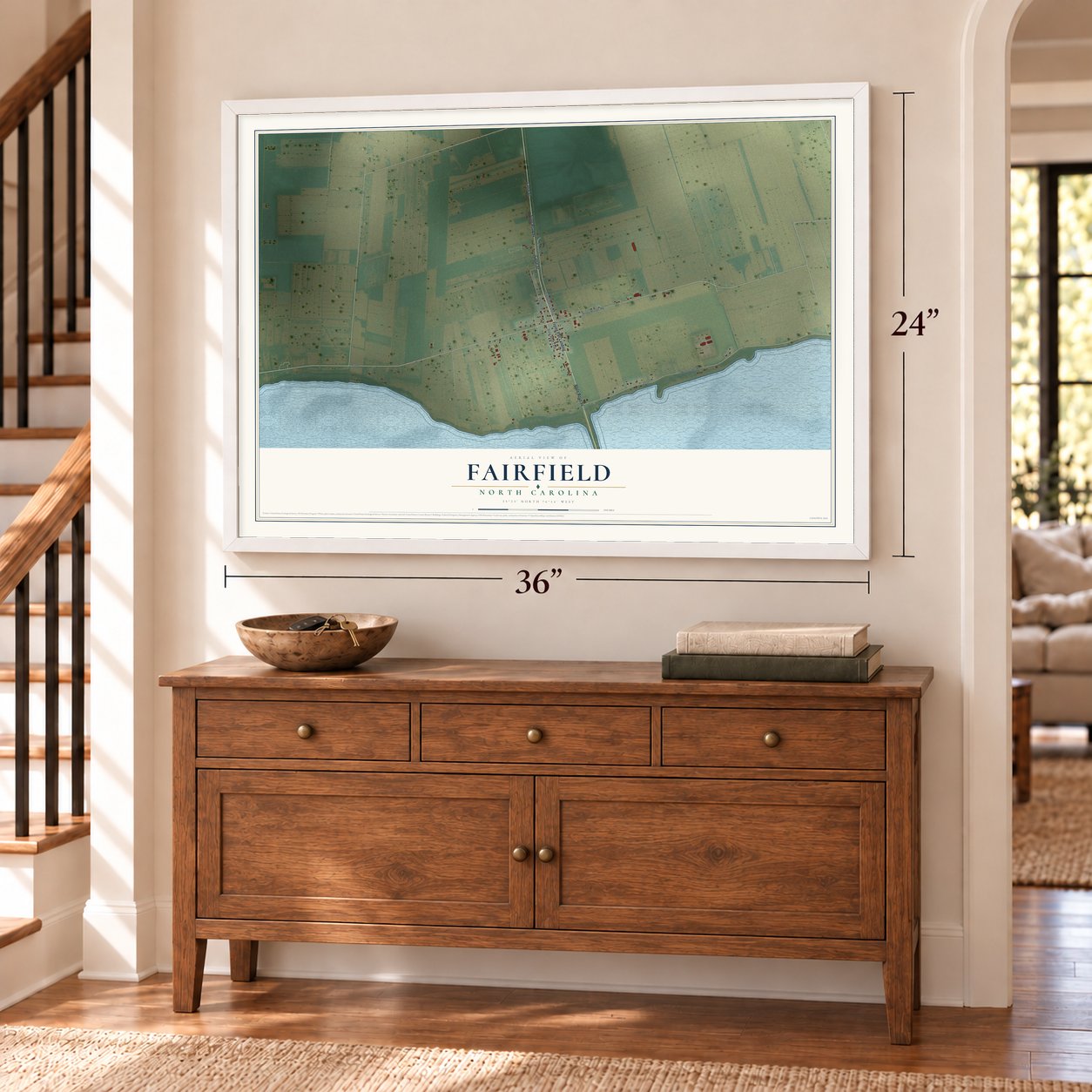 Fairfield, North Carolina map, 24 x 36 inch print in a white frame above a dresser by a staircase