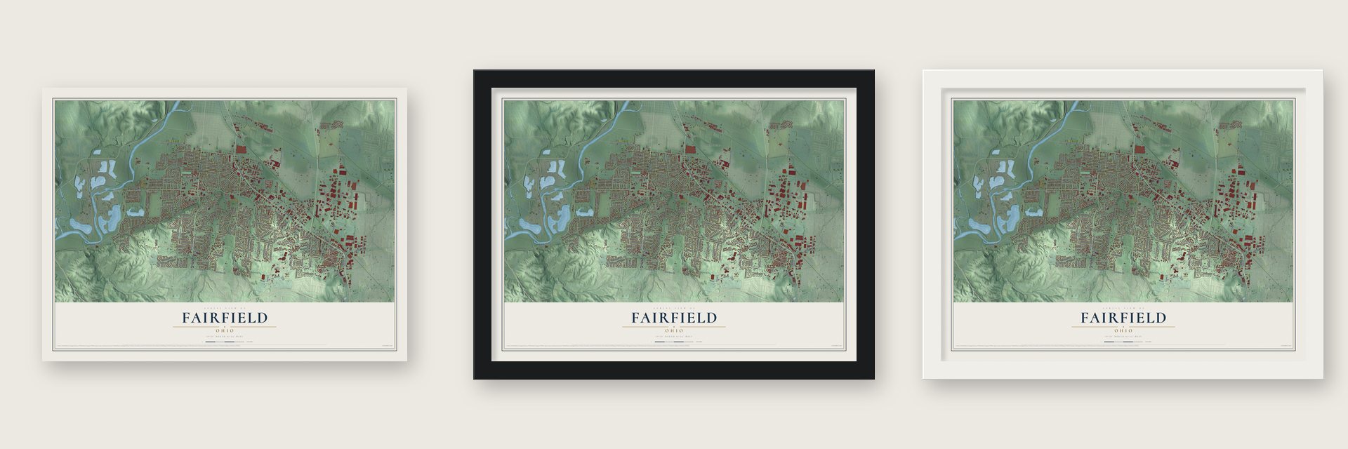 Fairfield, Ohio map unframed, in a black wood frame and in a white wood frame