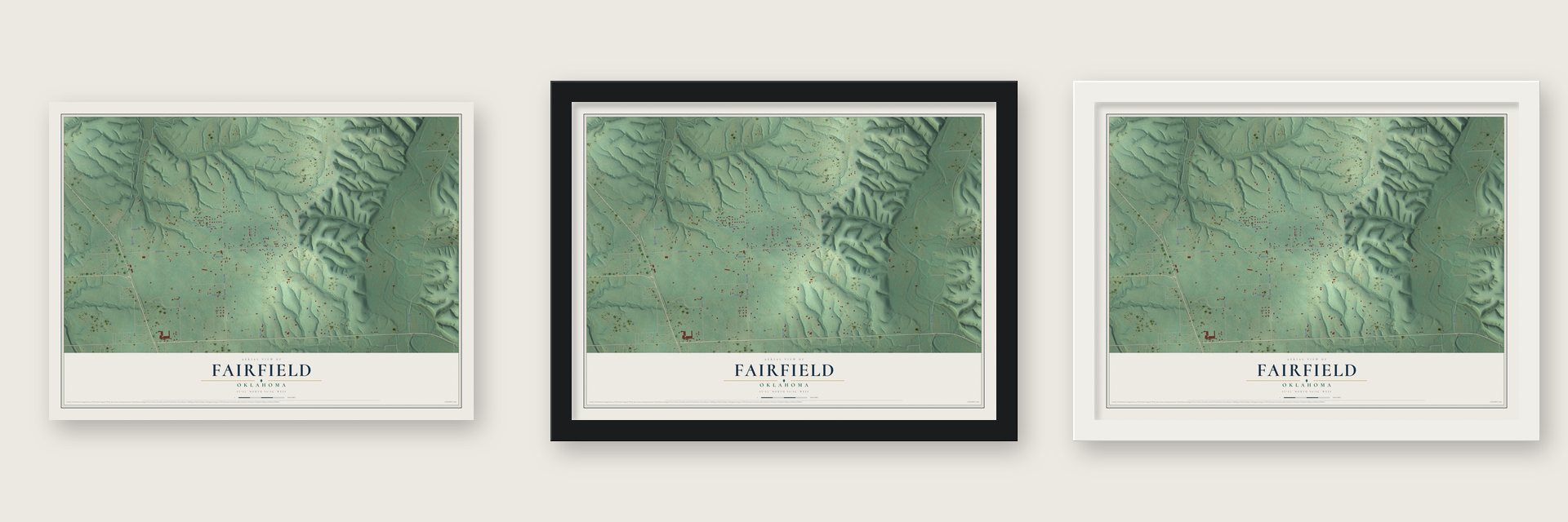 Fairfield, Oklahoma map unframed, in a black wood frame and in a white wood frame