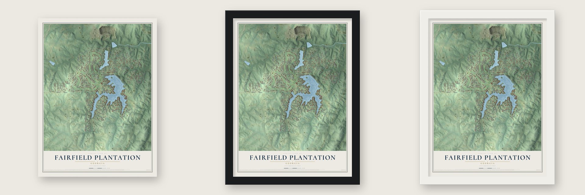 Fairfield Plantation, Georgia map unframed, in a black wood frame and in a white wood frame