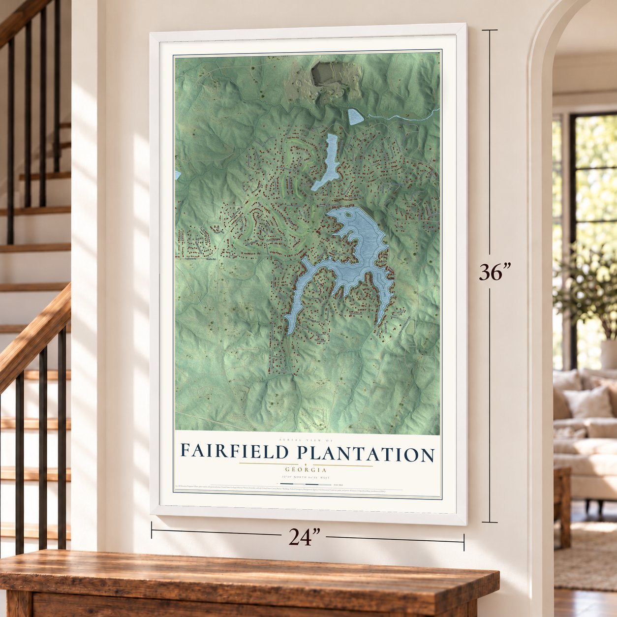 Fairfield Plantation, Georgia map, 24 x 36 inch print in a white frame by a staircase