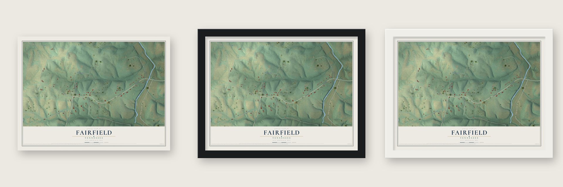 Fairfield, Tennessee map unframed, in a black wood frame and in a white wood frame