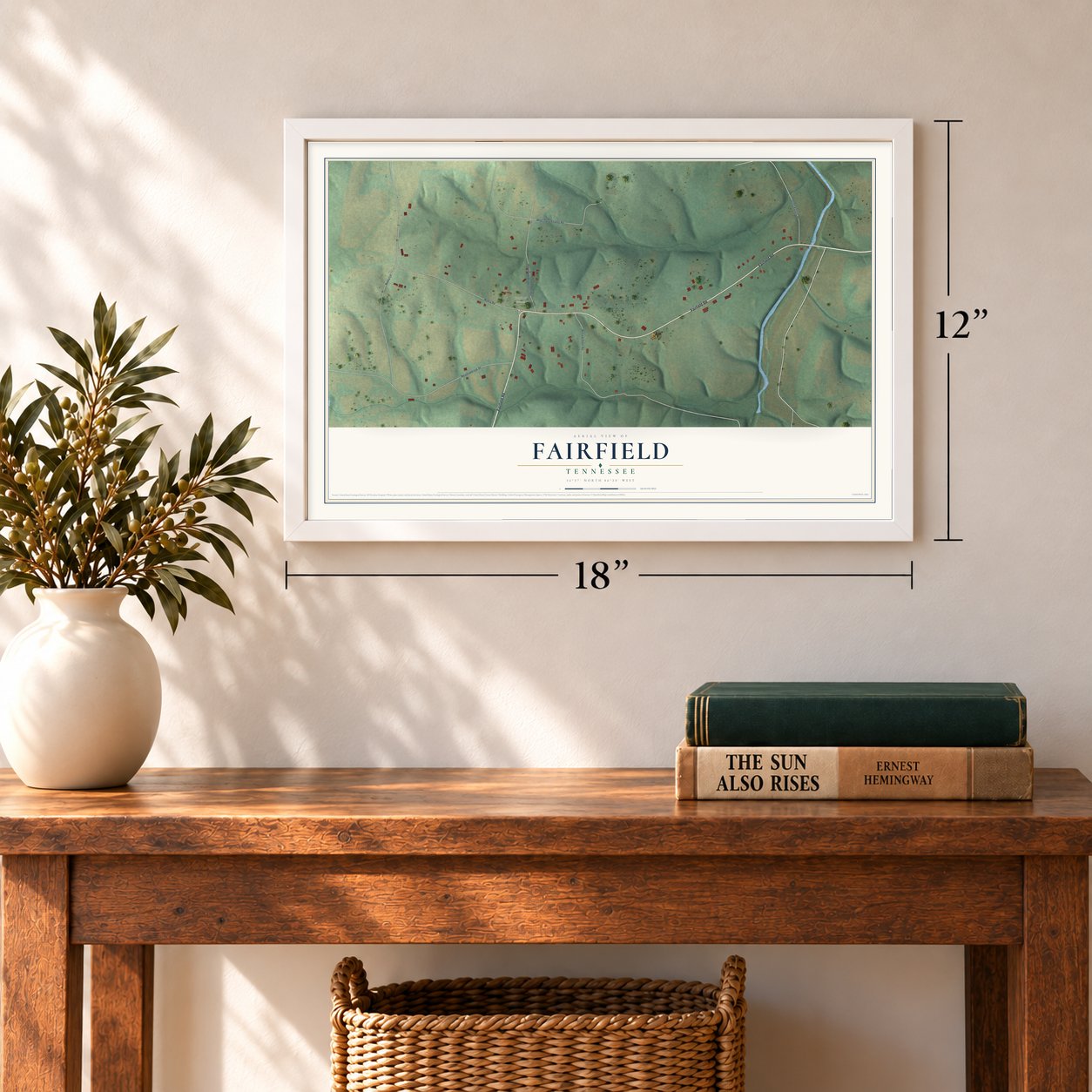 Fairfield, Tennessee map, 12 x 18 inch print in a white frame in an entryway