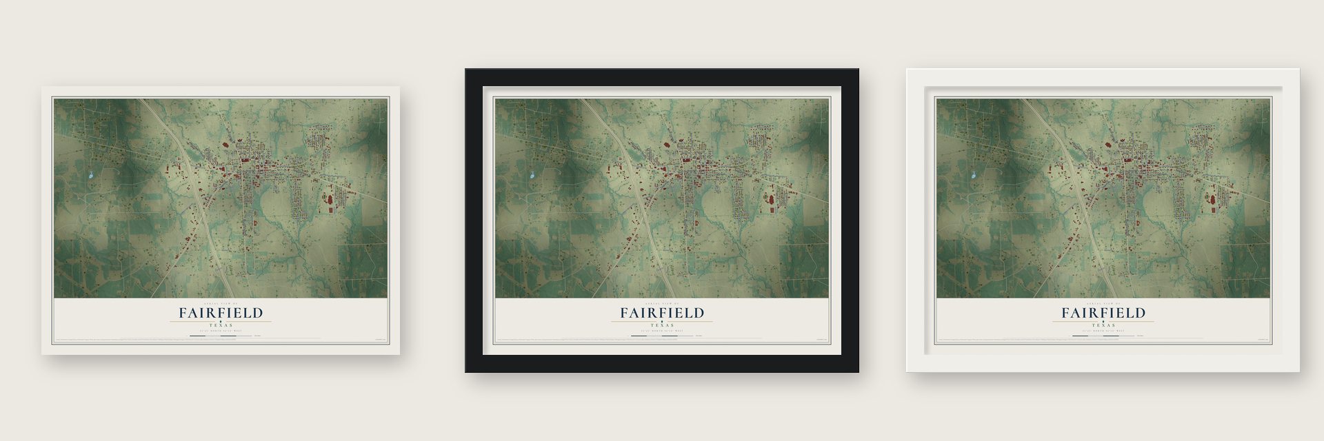 Fairfield, Texas map unframed, in a black wood frame and in a white wood frame