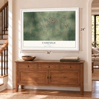 Fairfield, Texas map, 24 x 36 inch print in a white frame above a dresser by a staircase