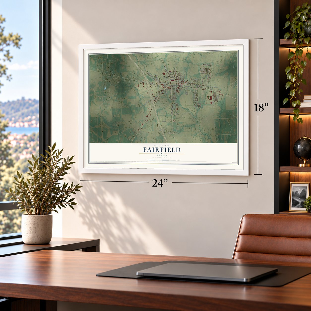 Fairfield, Texas map, 18 x 24 inch print in a white frame in a home office