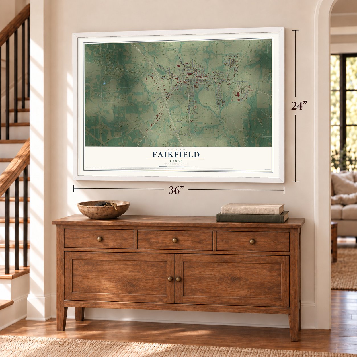 Fairfield, Texas map, 24 x 36 inch print in a white frame above a dresser by a staircase