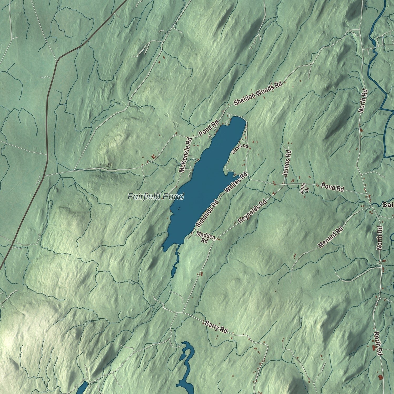 Close-up of the map of Fairfield, Vermont print showing terrain and local geography