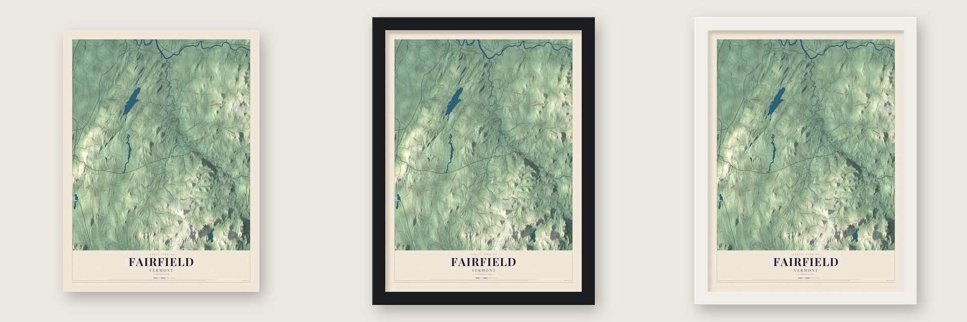 Fairfield, Vermont map unframed, in a black wood frame and in a white wood frame