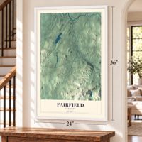 Fairfield, Vermont map, 24 x 36 inch print in a white frame by a staircase