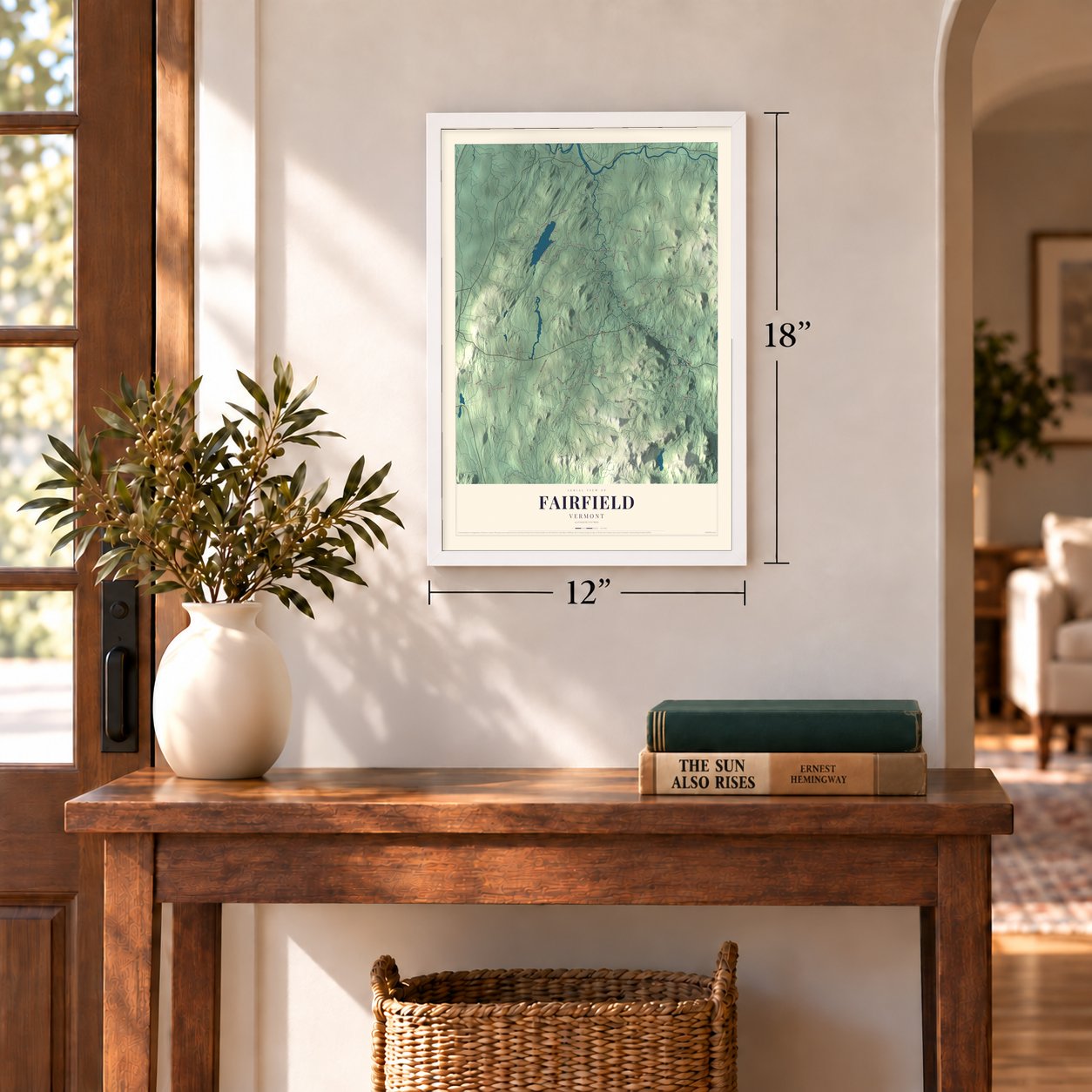 Fairfield, Vermont map, 12 x 18 inch print in a white frame in an entryway