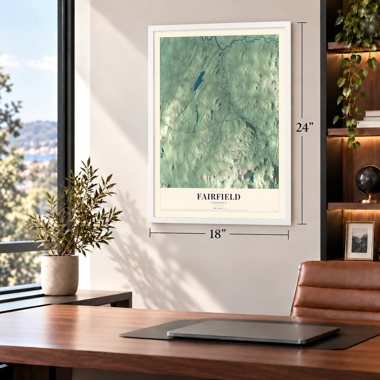 Fairfield, Vermont map, 18 x 24 inch print in a white frame in a home office