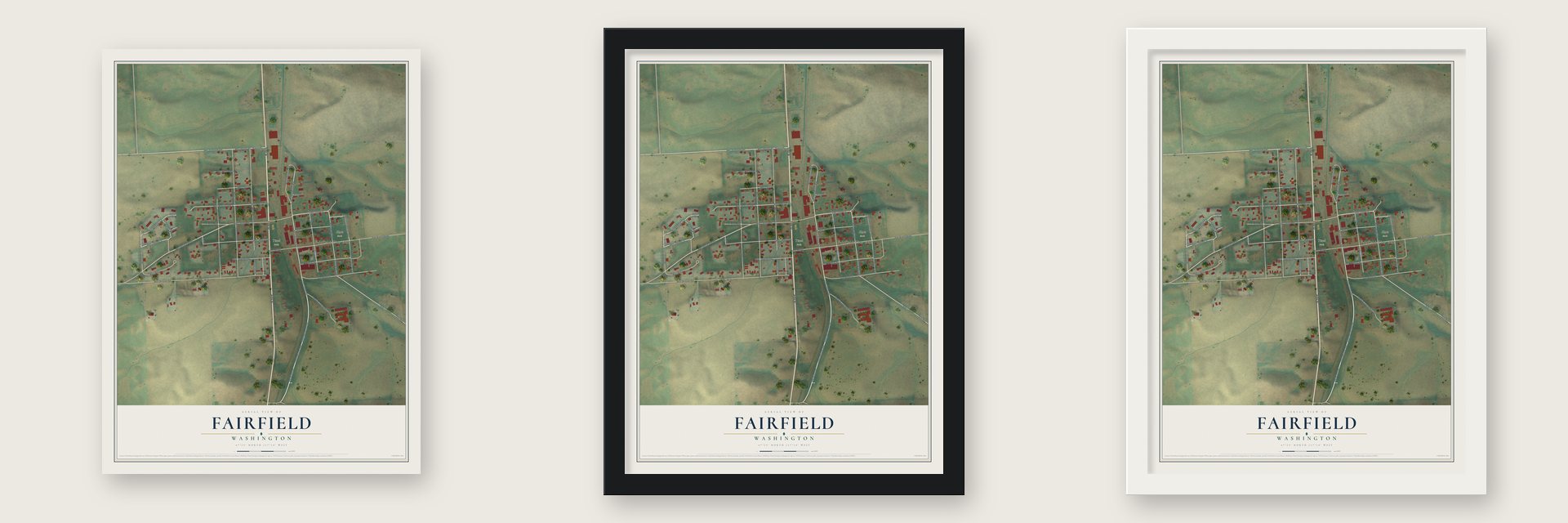 Fairfield, Washington map unframed, in a black wood frame and in a white wood frame