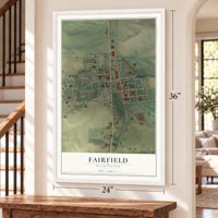Fairfield, Washington map, 24 x 36 inch print in a white frame by a staircase