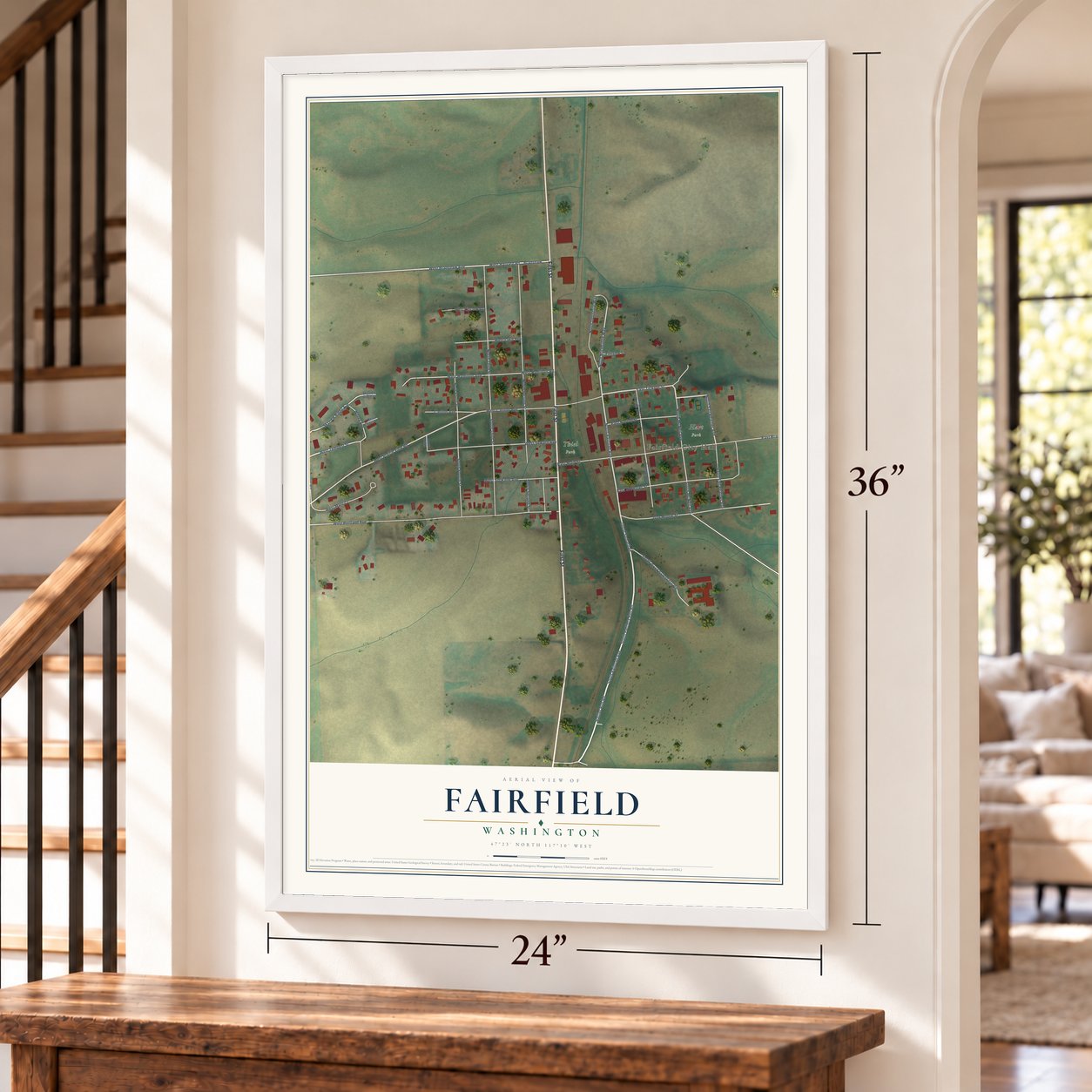 Fairfield, Washington map, 24 x 36 inch print in a white frame by a staircase