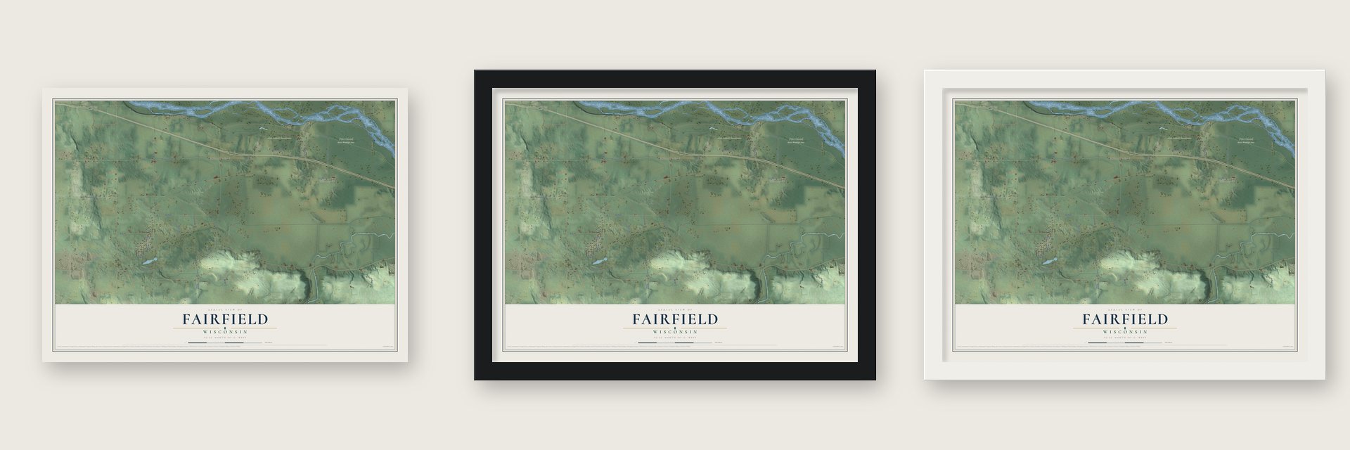 Fairfield, Wisconsin map unframed, in a black wood frame and in a white wood frame