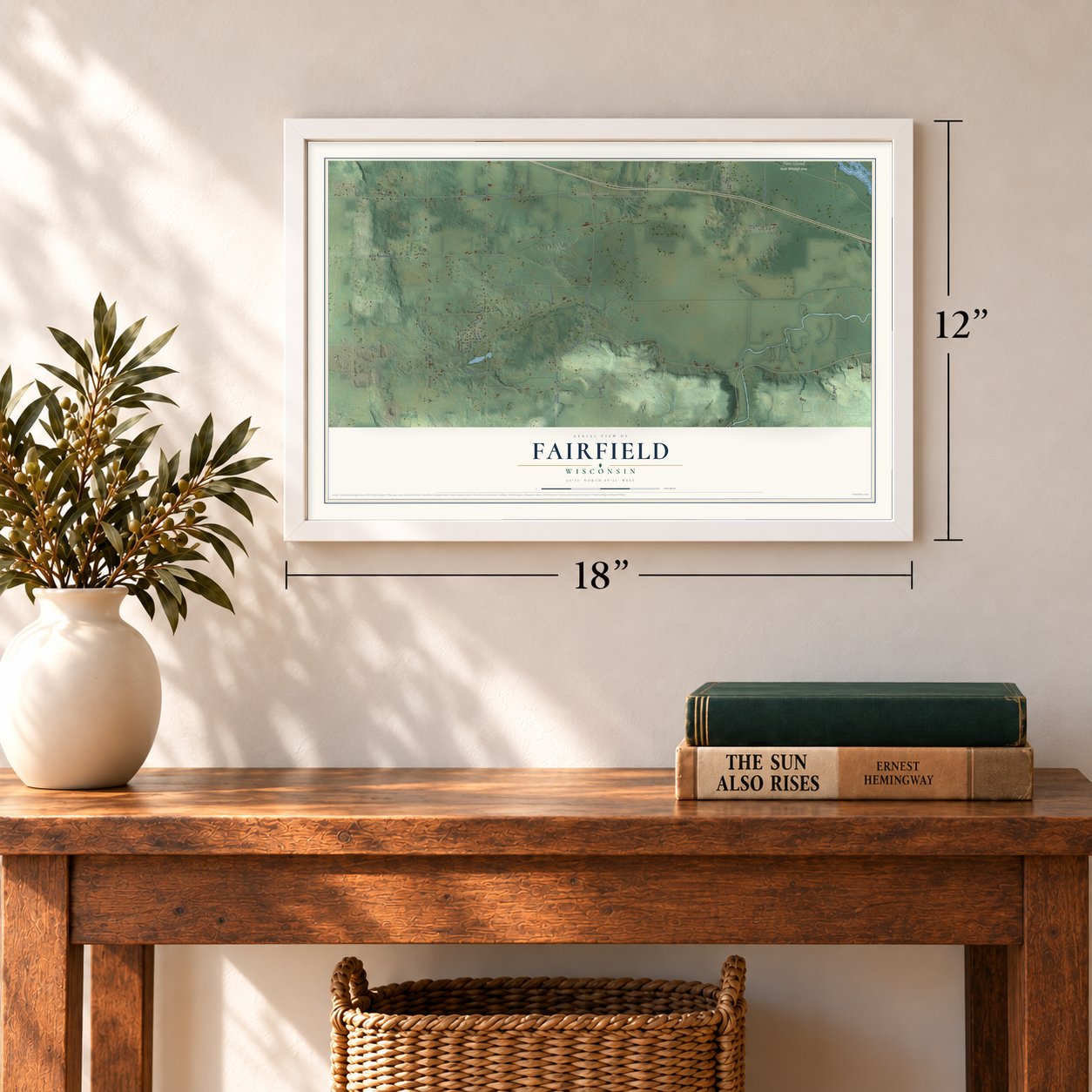 Fairfield, Wisconsin map, 12 x 18 inch print in a white frame in an entryway