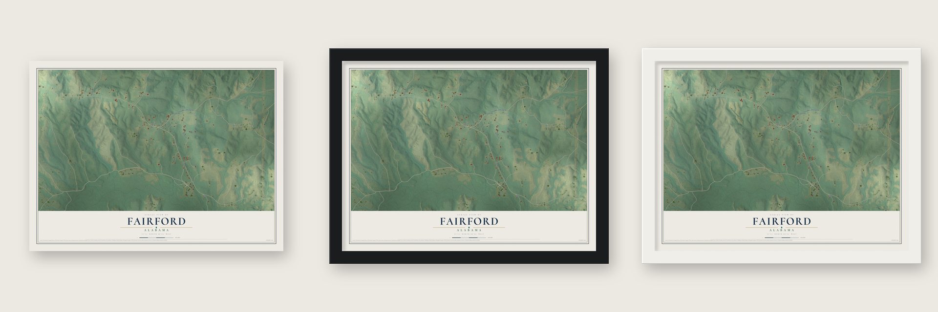 Fairford, Alabama map unframed, in a black wood frame and in a white wood frame