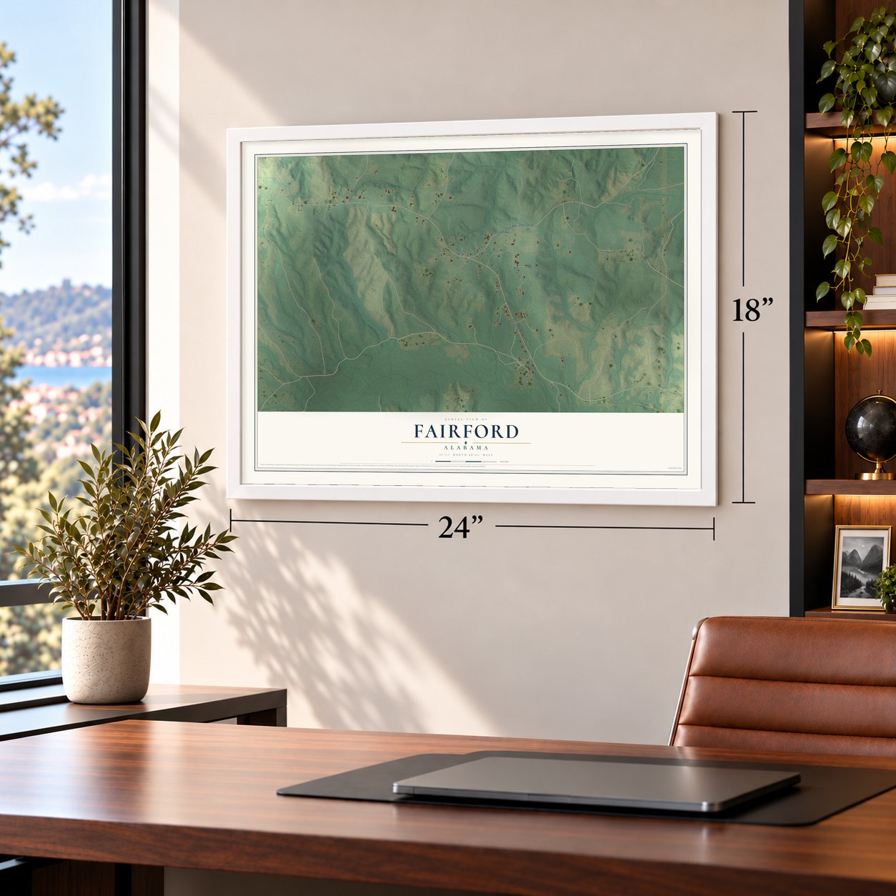 Fairford, Alabama map, 18 x 24 inch print in a white frame in a home office