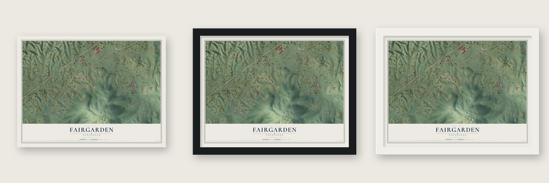 Fairgarden, Tennessee map unframed, in a black wood frame and in a white wood frame