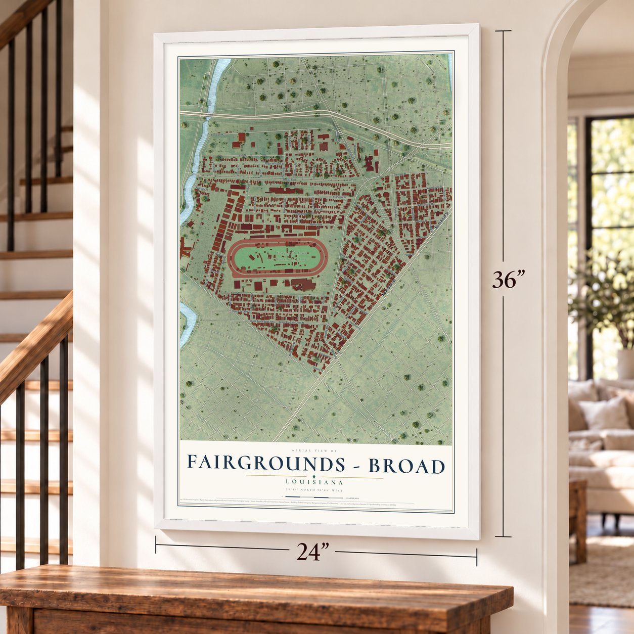 Fairgrounds - Broad, Louisiana map, 24 x 36 inch print in a white frame by a staircase