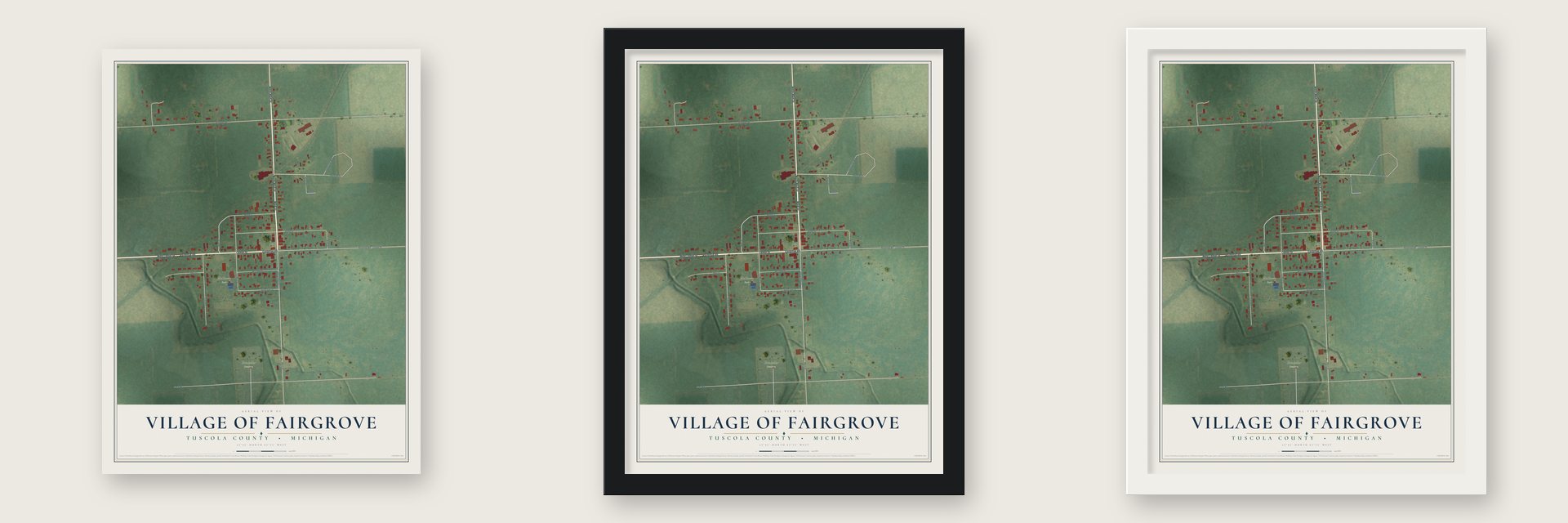 Fairgrove, Michigan map unframed, in a black wood frame and in a white wood frame