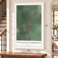 Fairgrove, Michigan map, 24 x 36 inch print in a white frame by a staircase