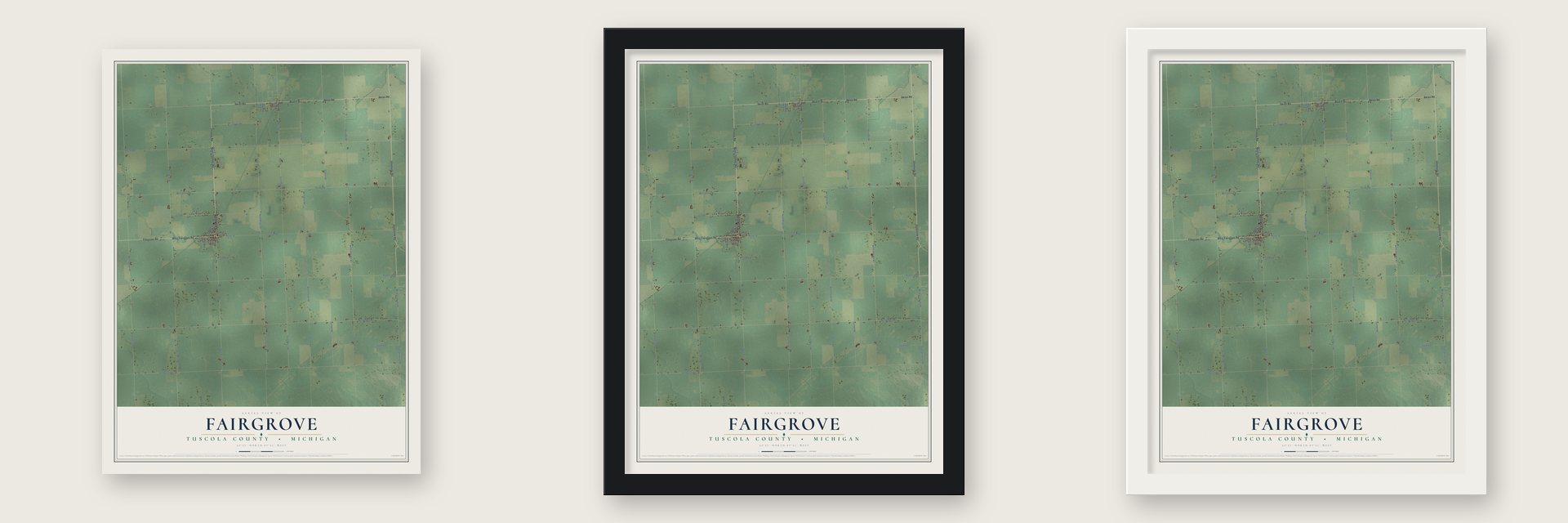Fairgrove, Tuscola County, Michigan map unframed, in a black wood frame and in a white wood frame