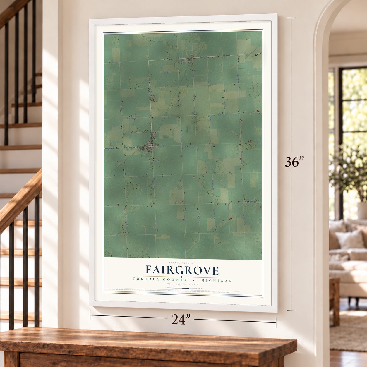 Fairgrove, Tuscola County, Michigan map, 24 x 36 inch print in a white frame by a staircase