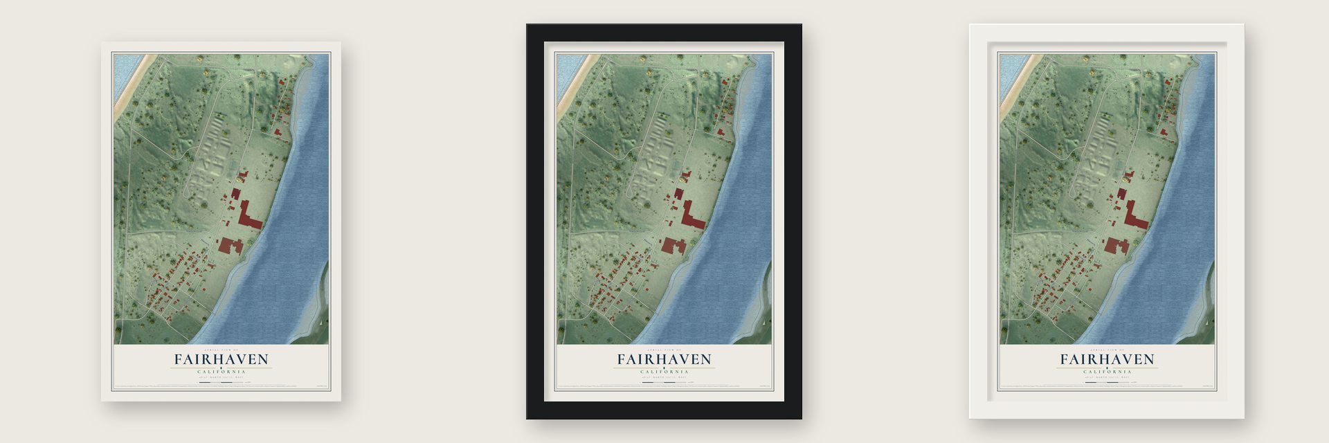 Fairhaven, California map unframed, in a black wood frame and in a white wood frame