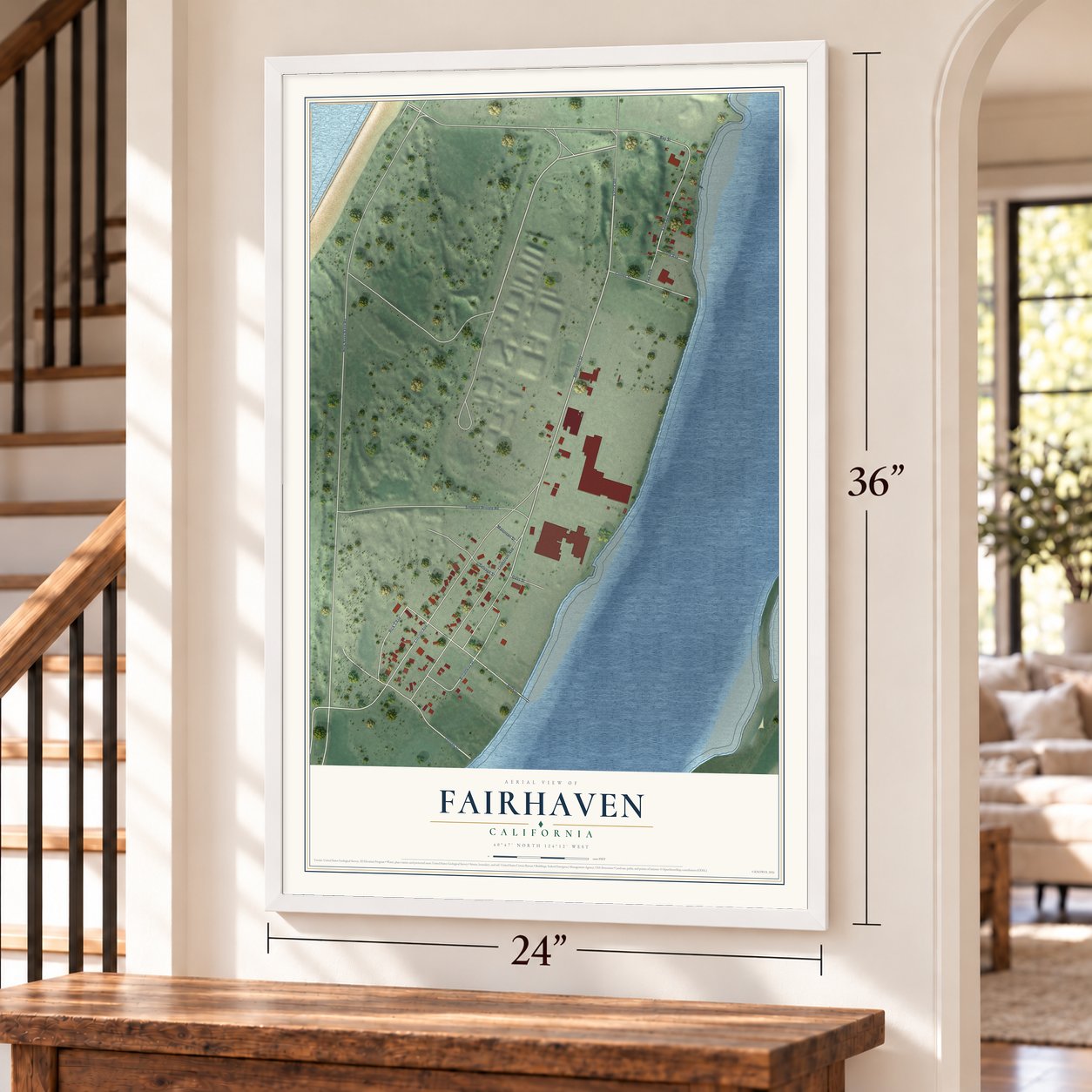 Fairhaven, California map, 24 x 36 inch print in a white frame by a staircase