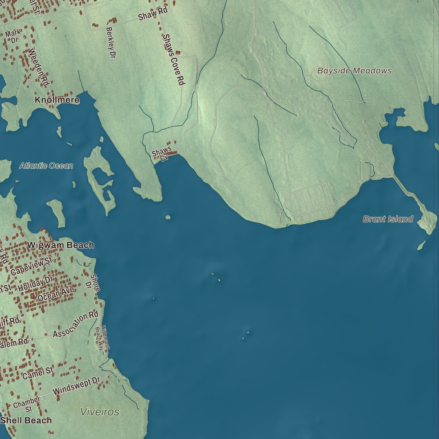 Close-up of the map of Fairhaven, Massachusetts print showing terrain and local geography