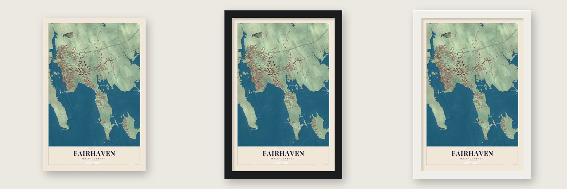 Fairhaven, Massachusetts map unframed, in a black wood frame and in a white wood frame
