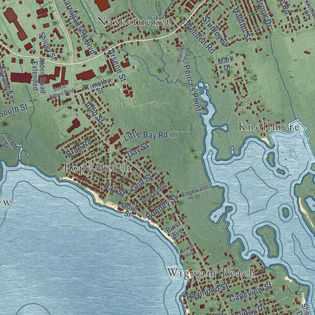 Second close-up of the map of Fairhaven, Massachusetts print showing more streets and buildings