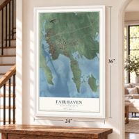 Fairhaven, Massachusetts map, 24 x 36 inch print in a white frame by a staircase