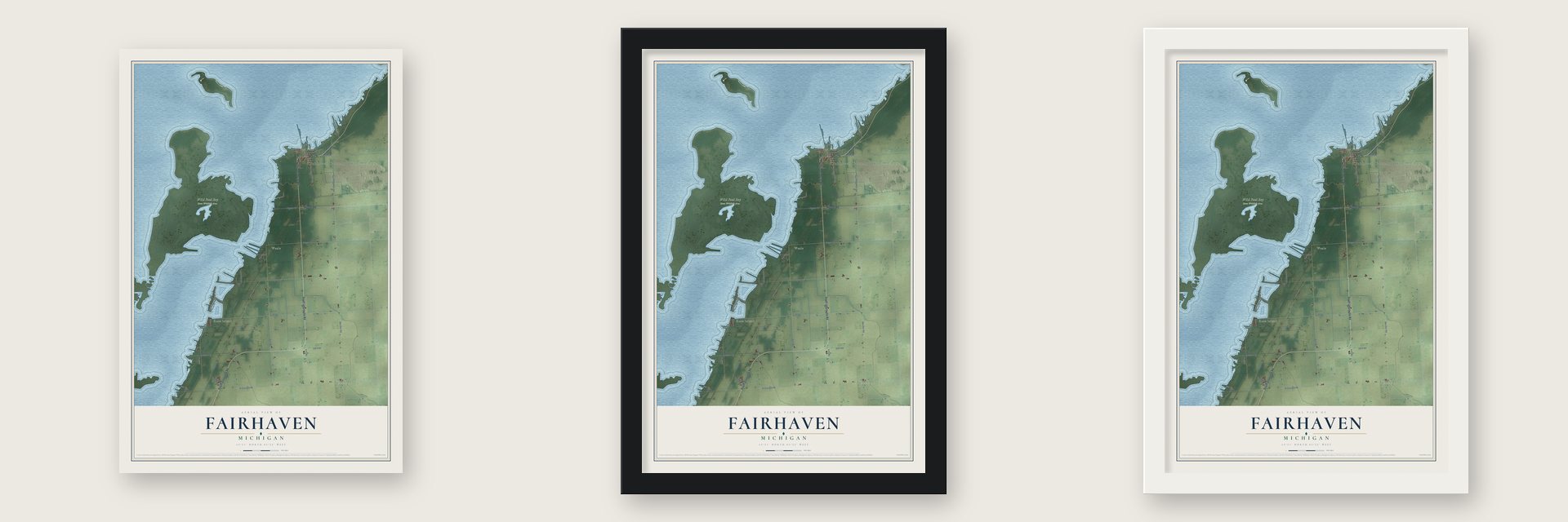 Fairhaven, Michigan map unframed, in a black wood frame and in a white wood frame