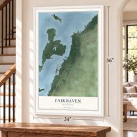 Fairhaven, Michigan map, 24 x 36 inch print in a white frame by a staircase