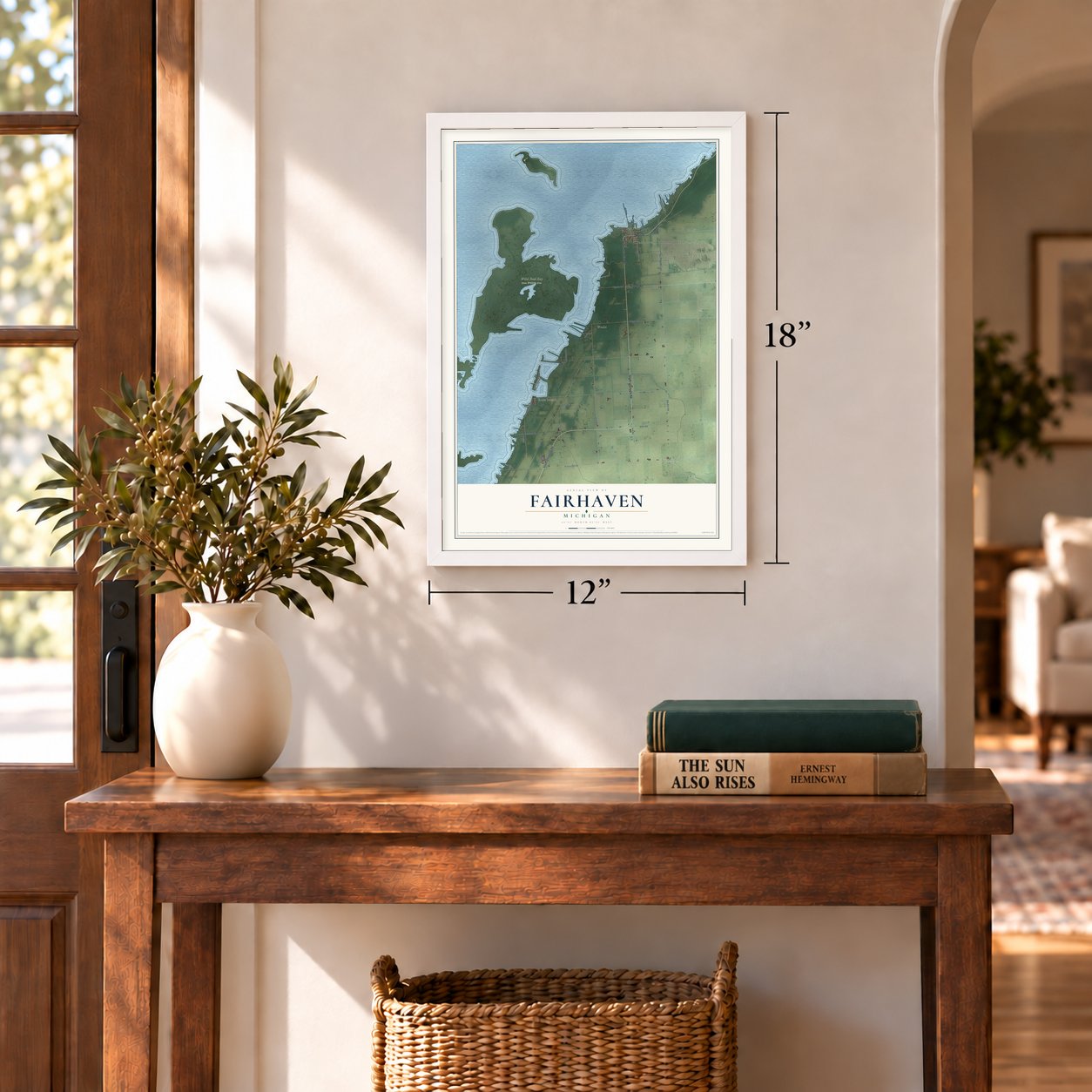 Fairhaven, Michigan map, 12 x 18 inch print in a white frame in an entryway
