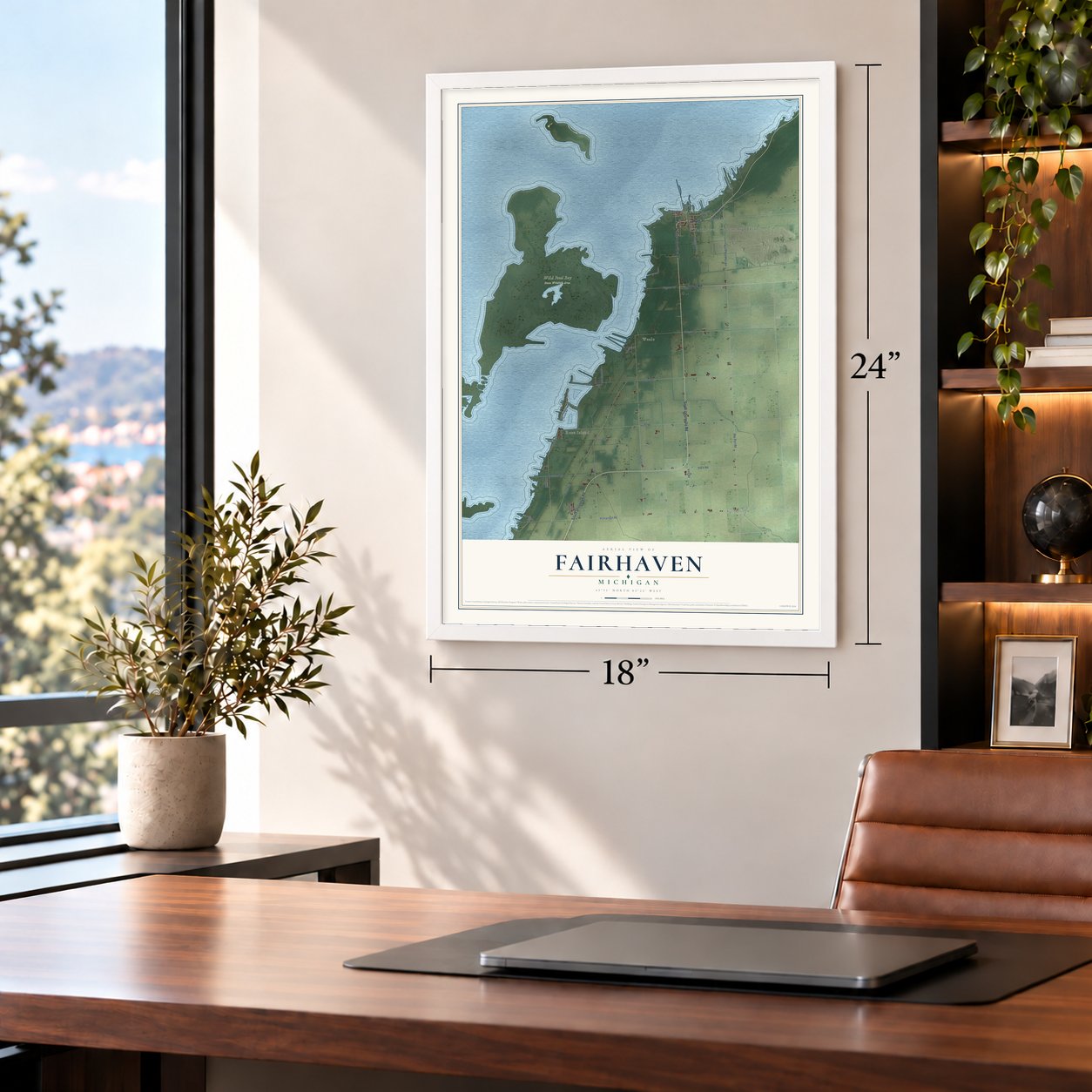 Fairhaven, Michigan map, 18 x 24 inch print in a white frame in a home office