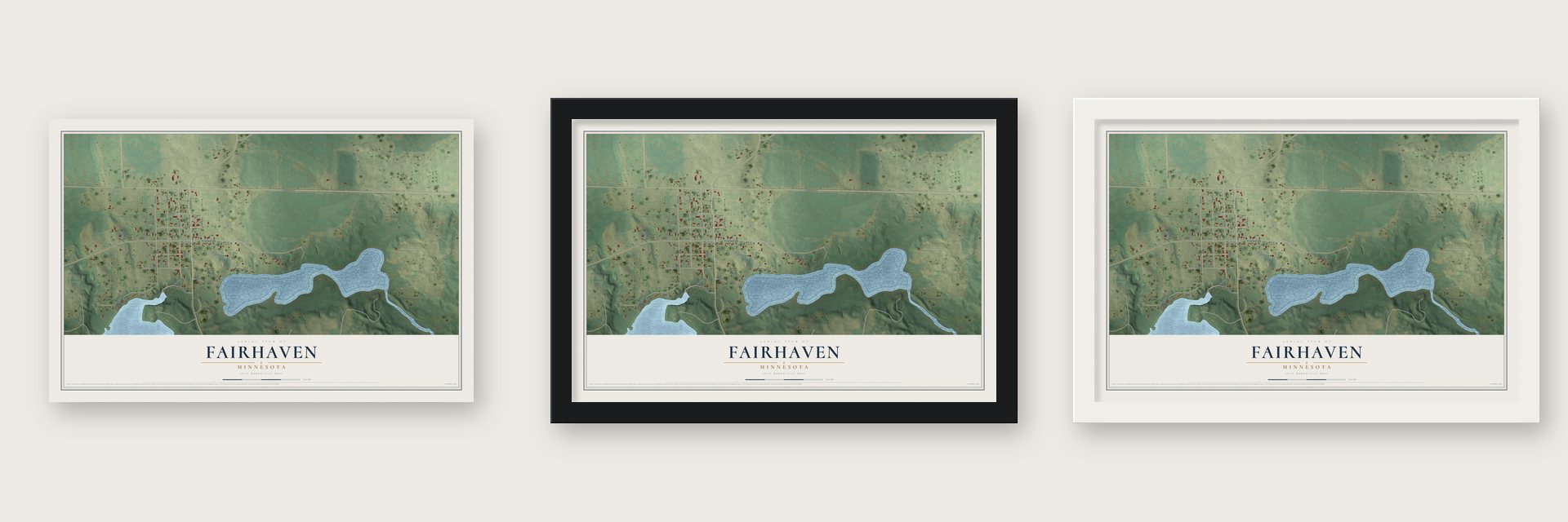 Fairhaven, Minnesota map unframed, in a black wood frame and in a white wood frame
