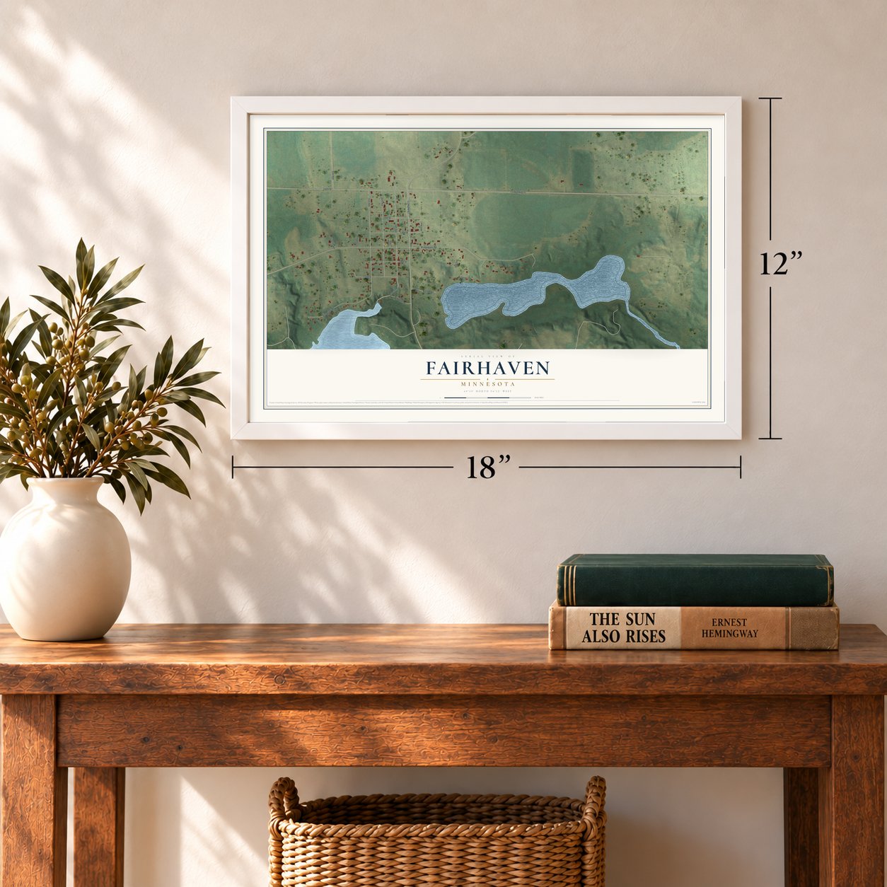 Fairhaven, Minnesota map, 12 x 18 inch print in a white frame in an entryway