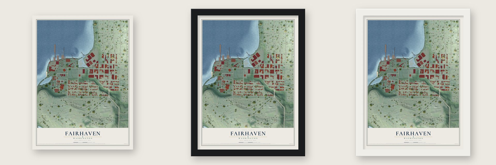 Fairhaven, Washington map unframed, in a black wood frame and in a white wood frame